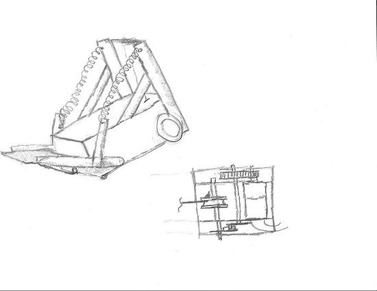 Upper left: Fling!'s basic preliminary design.
Lower Right: The preliminary design of the platform winding mechanism.